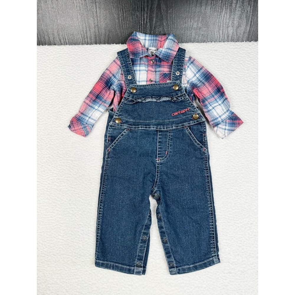 + Carhartt 2 Piece Denim Overalls & Flannel Shirt Set Girls 12M Blue Red Plaid